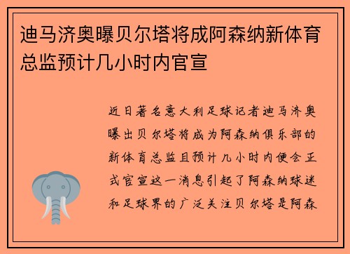 迪马济奥曝贝尔塔将成阿森纳新体育总监预计几小时内官宣